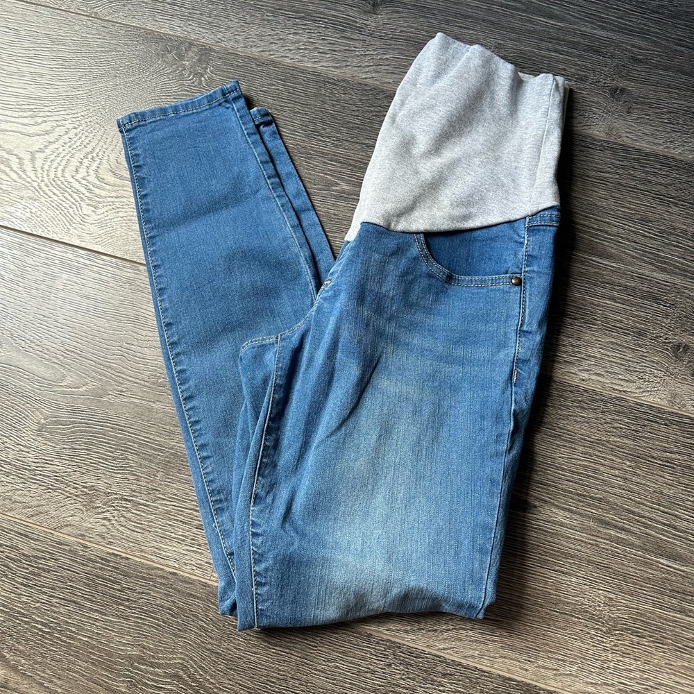 Thyme Maternity Blue Skinny Jeans with Gray Waistband